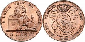 BELGIQUE, Royaume, Léopold Ier (1831-1865), Cu 5 centimes, 1858. Avec croix sur la couronne. Bogaert 607B. Petites taches.
Superbe à Fleur de Coin