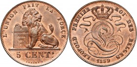 BELGIQUE, Royaume, Léopold Ier (1831-1865), Cu 5 centimes, 1859. Avec croix sur la couronne. Dupriez 690.
Superbe à Fleur de Coin