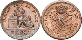 BELGIQUE, Royaume, Léopold Ier (1831-1865), Cu 2 centimes, 1834. BRAEMT F sans point. Bogaert 107B. Rare.
Superbe à Fleur de Coin