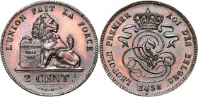 BELGIQUE, Royaume, Léopold Ier (1831-1865), Cu 2 centimes, 1838. BRAEMT F sans point. T incomplet. Bogaert 164 (épreuve). Extrêmement rare Flan poli....