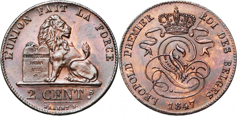 BELGIQUE, Royaume, Léopold Ier (1831-1865), Cu 2 centimes, 1847. Dupriez 351.
S...