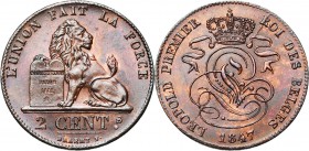 BELGIQUE, Royaume, Léopold Ier (1831-1865), Cu 2 centimes, 1847. Dupriez 351.
Superbe à Fleur de Coin