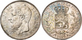 BELGIQUE, Royaume, Léopold II (1865-1909), AR 5 francs, 1866. F. avec point. Bogaert 1005B. Rare.
Très Beau à Superbe