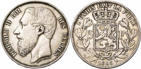 BELGIQUE, Royaume, Léopold II (1865-1909), AR 5 francs, 1868. Pos. A. Grande tête et signature le long du cou. Dupriez 1092. Rare.
Beau à Très Beau...