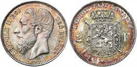BELGIQUE, Royaume, Léopold II (1865-1909), AR 2 francs, 1866. Avec croix sur la couronne. Dupriez 1036.
Très Beau à Superbe