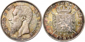 BELGIQUE, Royaume, Léopold II (1865-1909), AR 50 centimes, 1867. Dupriez 1087. Rare Belle patine.
Superbe