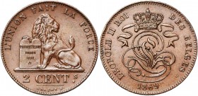 BELGIQUE, Royaume, Léopold II (1865-1909), Cu 2 centimes, 1869. Dupriez 1109. Rare.
Superbe