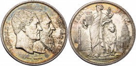 BELGIQUE, Royaume, Léopold II (1865-1909), AR 5 francs, 1880. Cinquantenaire de l'indépendance. 14 rayons à g. de la colonne, touchant le bord. Duprie...
