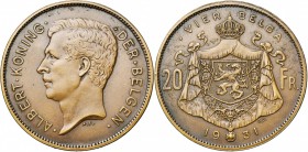 BELGIQUE, Royaume, Albert Ier (1909-1934), 20 frank - 4 belgas, 1931NL. Essai en bronze mat. Coins de Bonnetain et Devreese. Tranche inscrite. Pos. B....