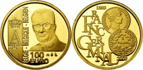 BELGIQUE, Royaume, Albert II (1993-2013), AV 100 euro, 2003. Bicentenaire du Franc Germinal. Ecrin et certificat.
Flan poli