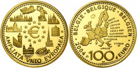 BELGIQUE, Royaume, Albert II (1993-2013), AV 100 euro, 2004. Elargissement de l'Union Européenne. Ecrin et certificat.
Flan poli