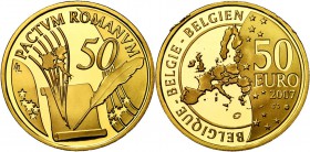 BELGIQUE, Royaume, Albert II (1993-2013), AV 50 euro, 2007. 50e anniversaire du Traité de Rome. Ecrin et certificat.
Flan poli