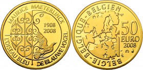 BELGIQUE, Royaume, Albert II (1993-2013), AV 50 euro, 2008. Maurice Maeterlinck - L'oiseau bleu. Ecrin et certificat.
Flan poli