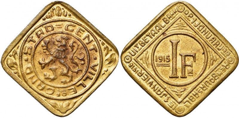 BELGIQUE, Monnaie conventionnelle, Gand, 1 franc, 1915. Cuivre doré. Flan carré....