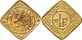 BELGIQUE, Monnaie conventionnelle, Gand, 1 franc, 1915. Cuivre doré. Flan carré. Dupriez 2052; T.& B. 159 var. Rare.
Très Beau à Superbe