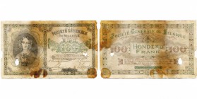 BELGIQUE, Société Générale, 100 francs, 10.5.1915. M.E. 57. Rare Trous et taches d'humidité.
bien conservé