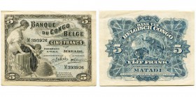 CONGO BELGE, 5 francs, 26.4.1921. Matadi. Aernout BCB-2. Traces de pli.
Très Beau