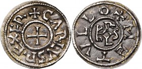 CAROLINGIENS, Charlemagne (768-814), AR denier, 793/794-812, Melle. D/ + CARLVS REX FR Croix. R/ + METVLLO Monogramme carolin. M.G. 172; Prou 688; M.E...