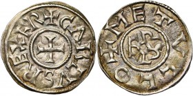 CAROLINGIENS, Charles le Chauve (840-877), AR denier, avant 845, Melle. D/ + CΛRLVS REX FR Croix pattée. R/ + METVLLO Monogramme carolin. M.G. 1063; P...
