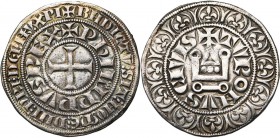 FRANCE, Royaume, Philippe IV le Bel (1285-1314), AR gros tournois à l'O rond, 1305 (?). D/ + PHILIPPVS REX en légende intérieure (L tridenté). Croix p...