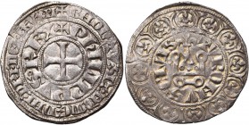 FRANCE, Royaume, Philippe IV le Bel (1285-1314), AR gros tournois à l'O long et au lis, 1298, Bruges (?). D/ + PHILIPPVS REX Croix pattée. R/ TVRONVS ...