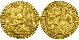 FRANCE, Royaume, Philippe VI de Valois (1328-1350), AV écu d'or à la chaise, 2e émission (avril 1343). D/ Le roi assis dans une stalle gothique, ten. ...