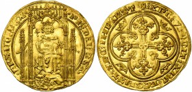 FRANCE, Royaume, Philippe VI de Valois (1328-1350), AV lion d'or, octobre 1338. D/ Le roi assis dans une stalle gothique avec baldaquin, ten. un scept...