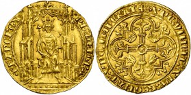FRANCE, Royaume, Philippe VI de Valois (1328-1350), AV double royal d'or, avril 1340. D/ Le roi trônant de f. dans une stalle gothique, ten. un sceptr...
