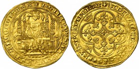 FRANCE, Royaume, Philippe VI de Valois (1328-1350), AV chaise d'or, juillet 1346. D/ Dans un polylobe, le roi assis de f. dans une stalle gothique, te...