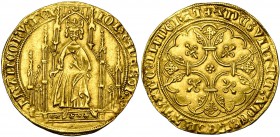 FRANCE, Royaume, Jean II le Bon (1350-1364), AV royal d'or, 2e émission (avril 1359). D/ Le roi deb. de f. sous un dais gothique, ten. le sceptre. R/ ...