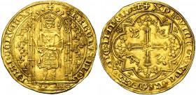 FRANCE, Royaume, Charles V (1364-1380), AV franc à pied, avril 1365. D/ Le roi deb. sous un dais, ten. l'épée et la main de justice. Champ fleurdelisé...