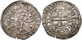 FRANCE, Royaume, Charles V (1364-1380), AR blanc au K, avril 1365. D/ Dans le champ, K couronné, accosté de deux lis. Bordure de douze lis. R/ Croix p...