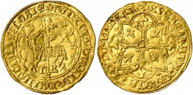 FRANCE, Royaume, Charles VI (1380-1422), AV agnel d'or, 1e émission (mai 1417), point 6e, Tours. D/ Dans un polylobe, agneau pascal à g., devant une c...