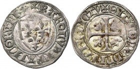 FRANCE, Royaume, Charles VI (1380-1422), AR blanc guénar, 4e émission (octobre 1411), point 14e, Troyes. D/ Ecu de France. R/ Croix cantonnée de deux ...