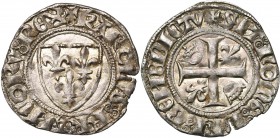 FRANCE, Royaume, Charles VI (1380-1422), billon blanc guénar, 4e émission (octobre 1411), Paris. Point creux sous la croisette initiale. D/ Ecu de Fra...