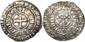 FRANCE, Royaume, Charles VI (1380-1422), AR gros aux lis couronnés (grossus), novembre 1413, point 16e, Tournai. D/ Croix pattée. Double légende sur l...