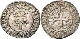 FRANCE, Royaume, Charles VI (1380-1422), AR gros dit "Florette", 2e émission (octobre 1417), point 15e, Rouen. Croisettes initiales bâtonnées. D/ Troi...