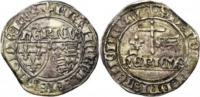 FRANCE, Royaume, Henri VI d'Angleterre (1422-1453), billon blanc aux écus, novembre 1422, Saint-Lô (lis initial). D/ Ecus accostés de France et de Fra...