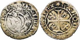 FRANCE, DAUPHINE, Charles VII, roi dauphin (1422-1440), billon quart de gros, point 2e, Romans. D/ Dauphin à g. R/ Croix cantonnée de deux dauphins et...