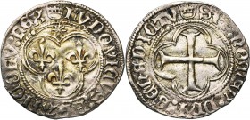 FRANCE, Royaume, Louis XI (1461-1483), billon blanc au soleil, novembre 1475, point 19e, Saint-Lô. D/ Trois lis posés deux et un, dans un trilobe surm...