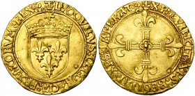 FRANCE, Royaume, Louis XII (1498-1515), AV écu d'or au soleil, s.d., point 12e, Lyon (trèfle final). D/ Ecu de France couronné, sous un soleil. R/ Cro...