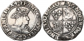FRANCE, Royaume, François Ier (1515-1547), AR teston du Dauphiné, s.d., Crémieu. 1er type. D/ B. couronné et cuirassé à d. R/ Champ écartelé aux armes...