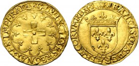 FRANCE, Royaume, François Ier (1515-1547), AV écu d'or à la croisette, mars 1541, Lyon. 1er type. D/ Ecu de France couronné. En dessous, D. R/ Croix p...
