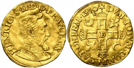 FRANCE, Royaume, Henri II (1547-1559), AV double Henri d'or, 1550D, Lyon. 1er type. D/ B. cuir. à d., tête nue. R/ Croix formée de quatre H couronnés,...