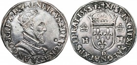 FRANCE, Royaume, Henri II (1547-1559), AR teston au buste couronné, 1552D, Lyon. 1er type. D/ B. cuir. et couronné à d. R/ Ecu de France couronné, ent...