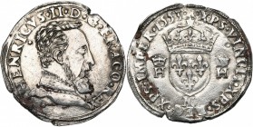 FRANCE, Royaume, Henri II (1547-1559), AR teston, 1553M, Toulouse. 2e type. D/ B. cuir. à d., t. nue. R/ Ecu de France couronné, entre deux H couronné...