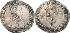 FRANCE, Royaume, Henri II (1547-1559), AR teston, 1554G, Poitiers. 2e type. D/ B. cuir. à d., t. nue. R/ Ecu de France couronné, entre deux H couronné...