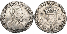 FRANCE, Royaume, Henri II (1547-1559), AR teston, 1555L, Bayonne. 2e type. D/ B. cuir. à d., t. nue. En dessous, S. R/ Ecu de France couronné, entre d...