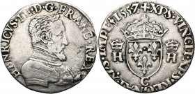 FRANCE, Royaume, Henri II (1547-1559), AR demi-teston, 1557C, Saint-Lô. 2e type. D/ B. cuir. à d., t. nue. R/ Ecu de France couronné, entre deux H cou...