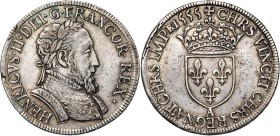 FRANCE, Royaume, Henri II (1547-1559), AR teston du moulin, 1555A, Paris. 4e type. D/ B. l. et cuir. à d. R/ Ecu de France couronné. Dupl. 990; Ci. 12...